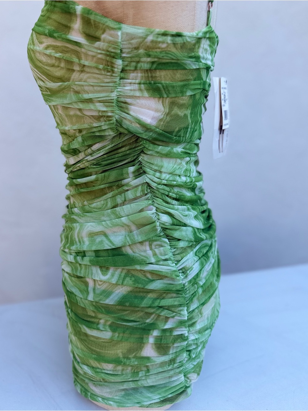 With tags Naked wardrobe Green Marble Ruched Mini Dress - Picture 2 of 4